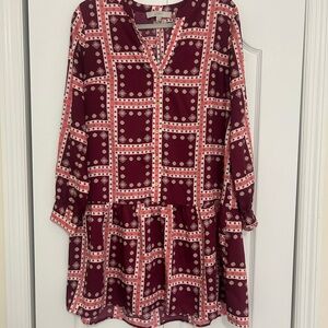 LOFT Burgundy and White Geometric Long Sleeve Dress
